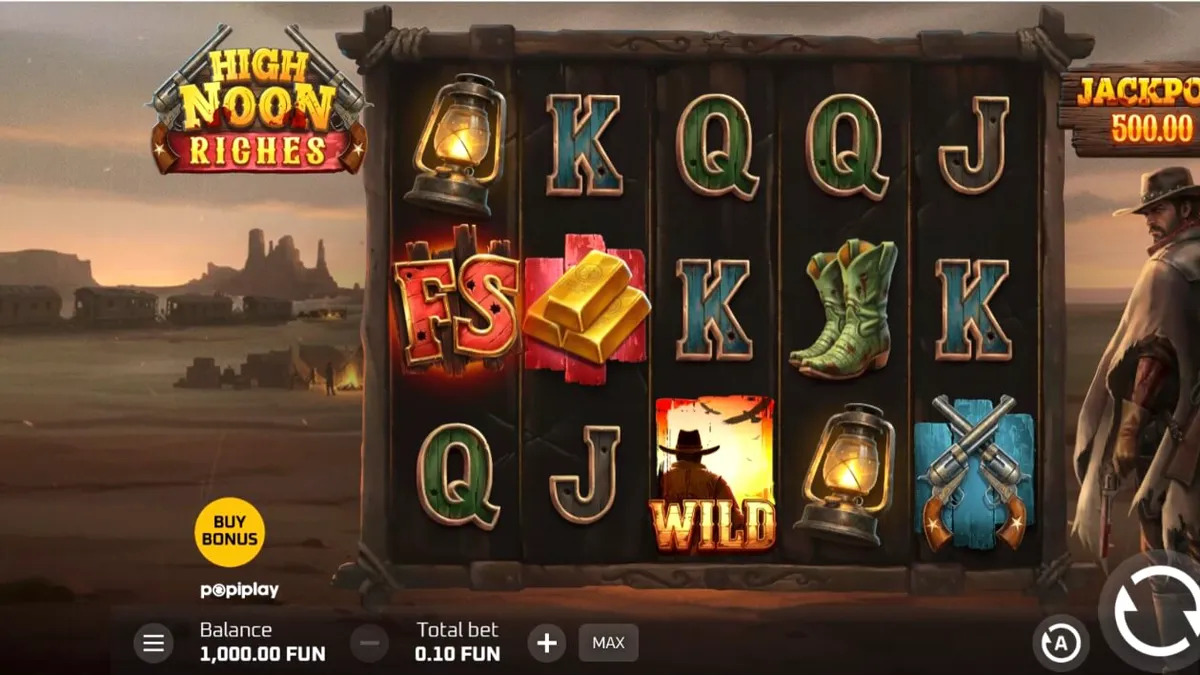 High Noon Riches slot machine theme featuring a western desert showdown